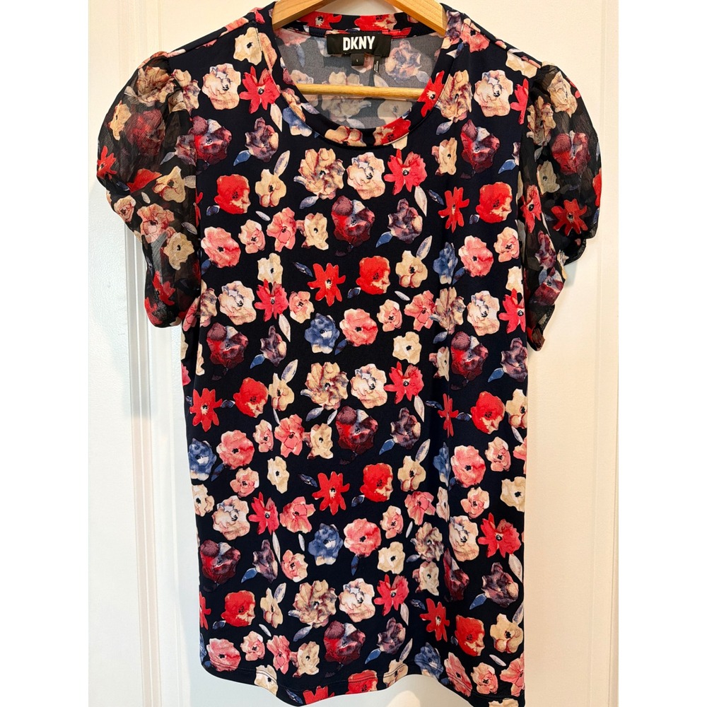 DKNY Womens Floral Puff Sheer Short Sleeve Top Navy Multi Size L